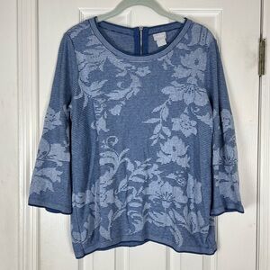 Chico’s Patterned Pullover Knit Top Chico’s Sz 2 Blue Floral Sz L